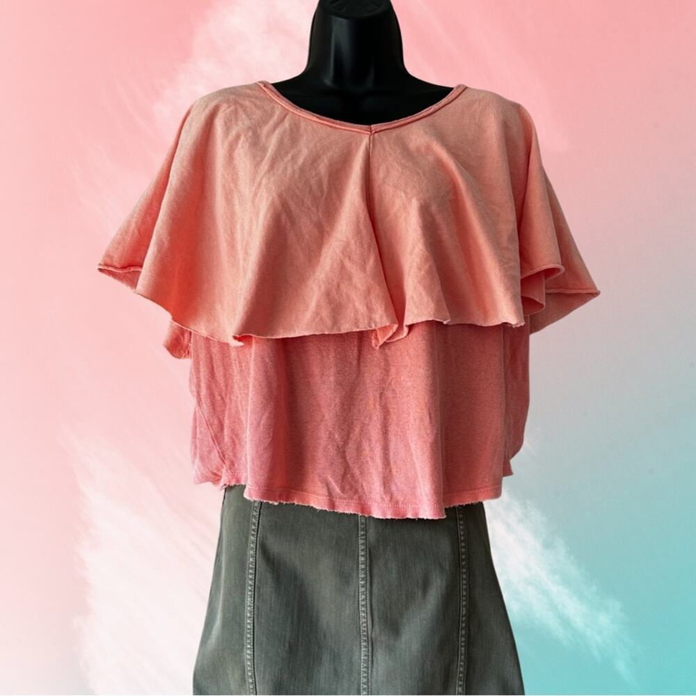 NWT Free People Sunny Peach Girl Talk Linen Ruffle Flutter Sleeve Crop Top